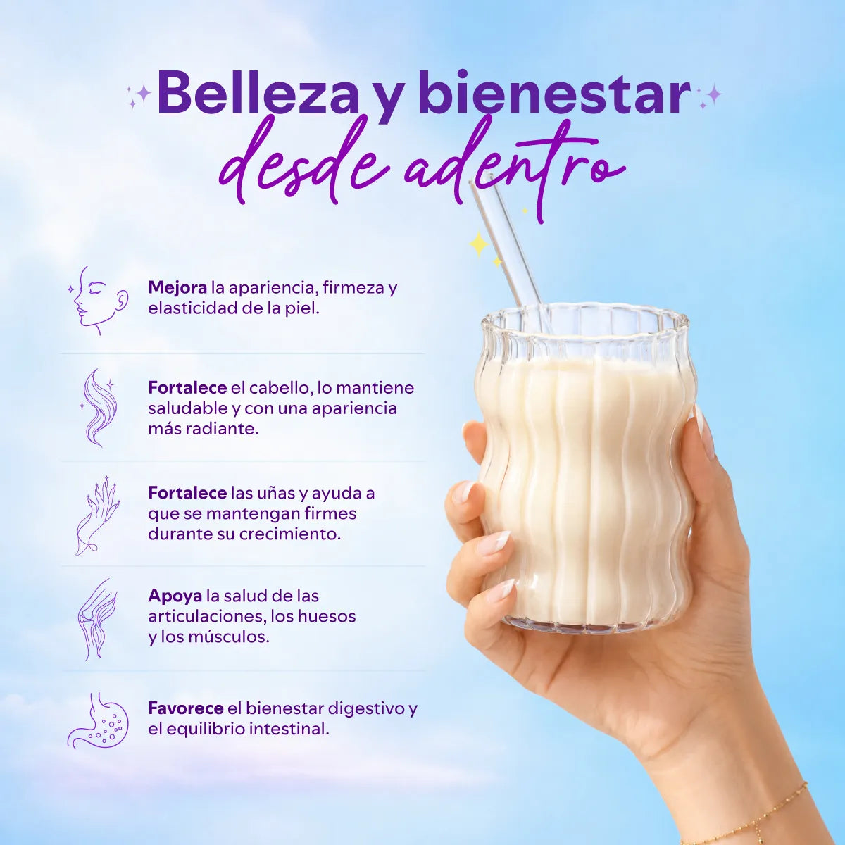 Mano sosteniendo un vaso de vidrio con un batido de colágeno y una pajita, con los beneficios del producto listados a la izquierda.