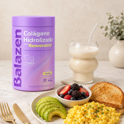 Primer plano del envase de Colágeno Hidrolizado Balazen, mostrando la información nutricional y los beneficios clave.