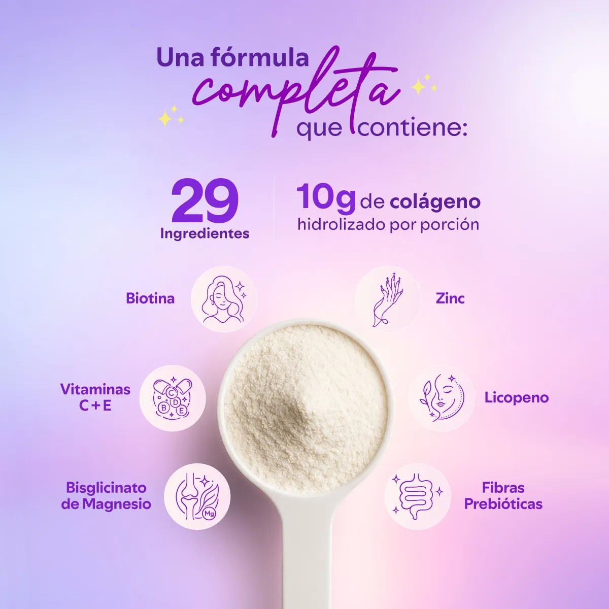 Vista superior de una cuchara con polvo de colágeno, rodeada de íconos que representan los 29 ingredientes y 10g de colágeno por porción.