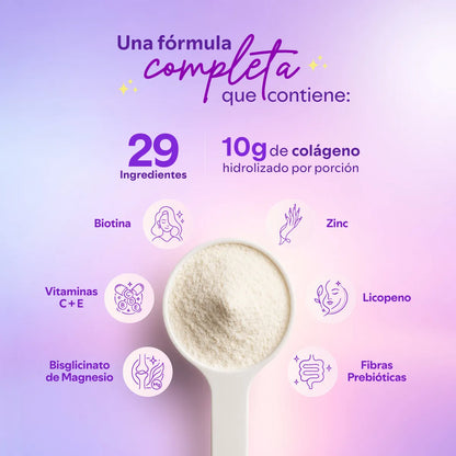 Vista superior de una cuchara con polvo de colágeno, rodeada de íconos que representan los 29 ingredientes y 10g de colágeno por porción.