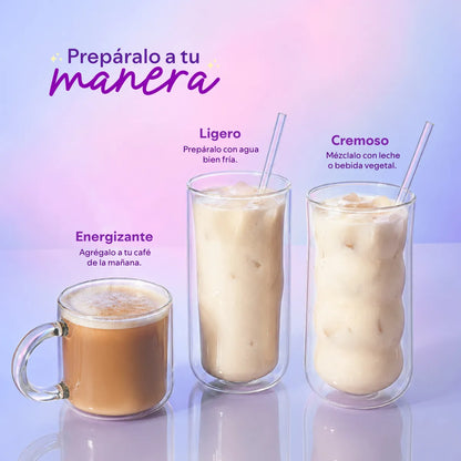 Cuchara blanca llena de polvo de colágeno de Balazen, lista para mezclarse.