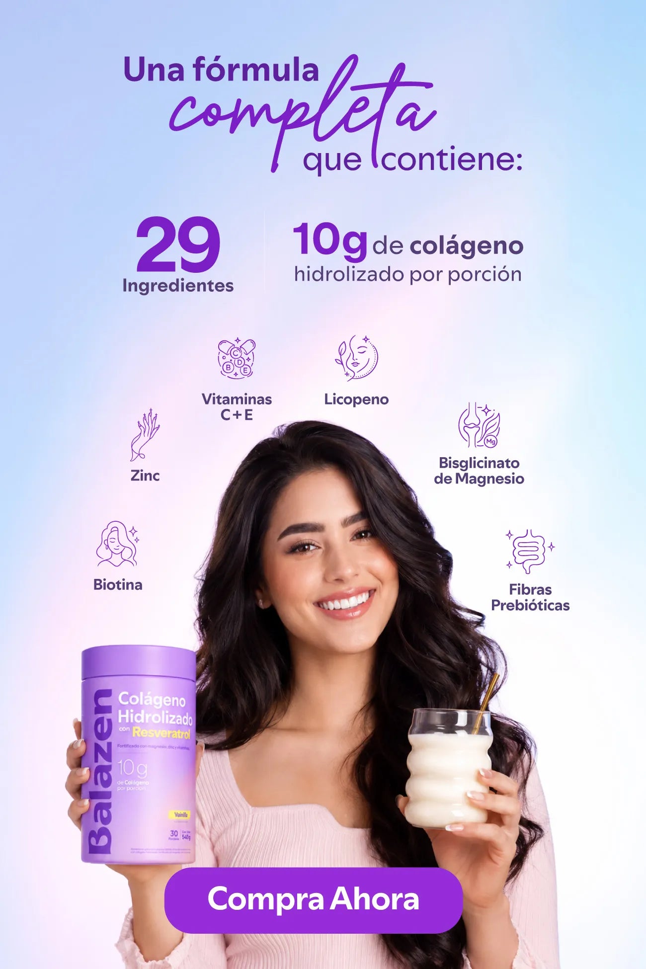 Ingredientes del colágeno hidrolizado Balazen con resveratrol, vitaminas y magnesio