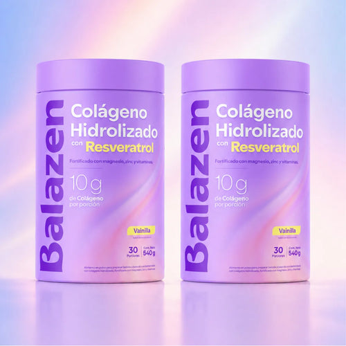 Dúo de Colágeno Hidrolizado con Resveratrol Balazen sabor Vainilla, envases morados.