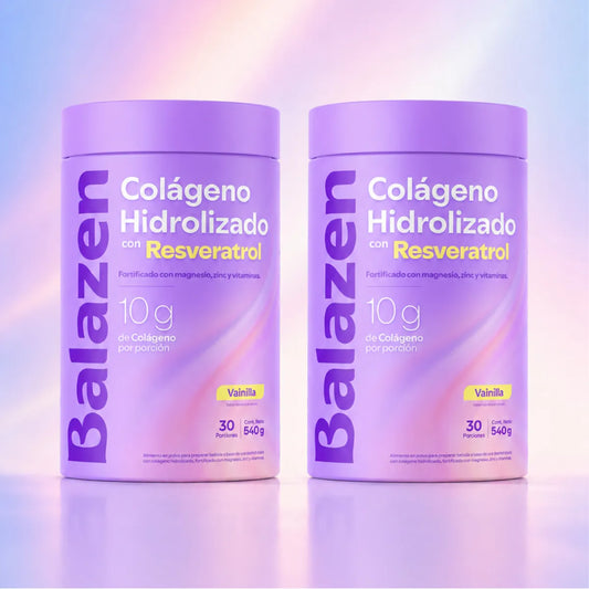Dúo de Colágeno Hidrolizado con Resveratrol Balazen sabor Vainilla, envases morados.