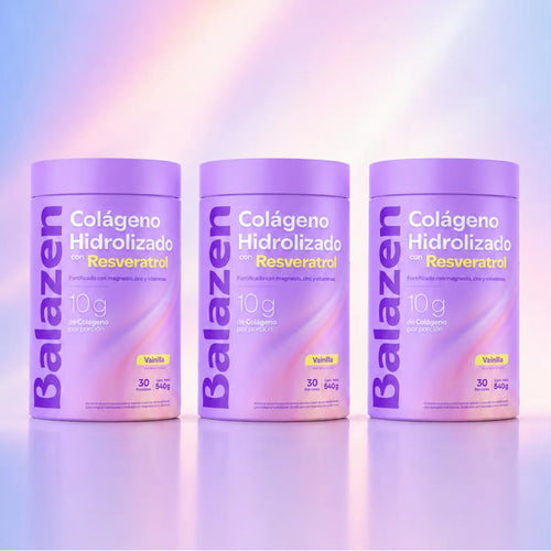 Tres envases morados de Colágeno Hidrolizado Balazen con Resveratrol sabor Vainilla, mostrando el diseño del producto.