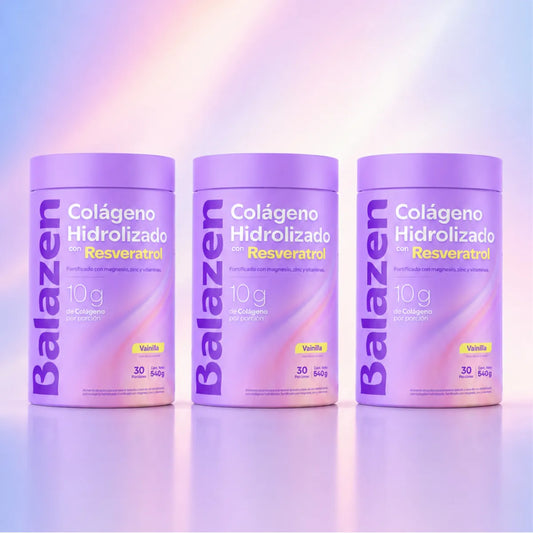 Tres envases morados de Colágeno Hidrolizado Balazen con Resveratrol sabor Vainilla, mostrando el diseño del producto.